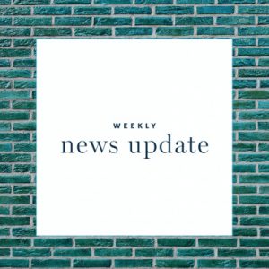 A white square with text "weekly news update," surrounded by a border of green bricks
