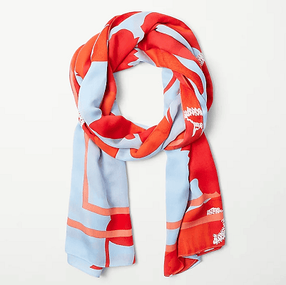 red, orange, and light blue silky scarf