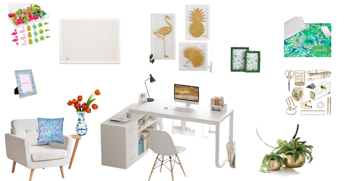 inspiration board with a lot of preppy-inspired office items