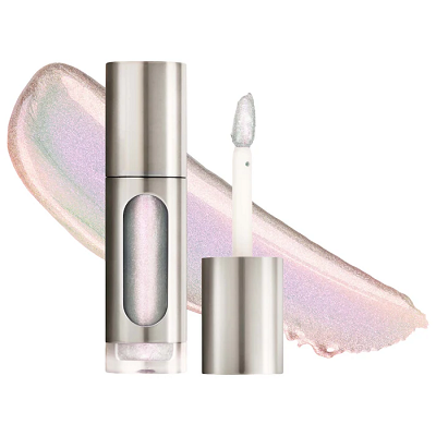 pinky opal highlighter in silverish tube, product is superimposed on top of swipe of the product