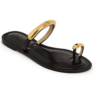 black leather sandal with gold accents; the sandal has one strap across the vamp of the foot and one across the big toe