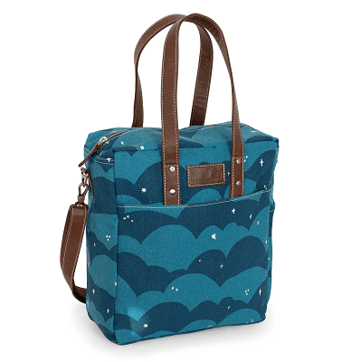 commuter tote with crossbody strap and shoulder straps; print is blue on blue waves