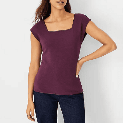 purple square neck tee with leather trim