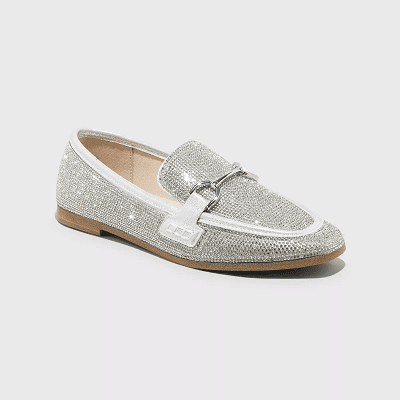 glittery loafers covered with rhinestones