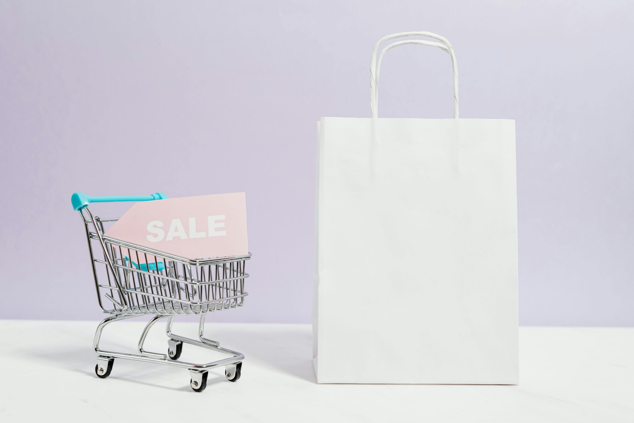 image of shopping cart with sale sign and a white gift bag