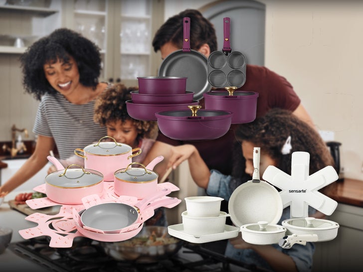Family Cooking In The Kitchen Surrounded By Pots And Pans