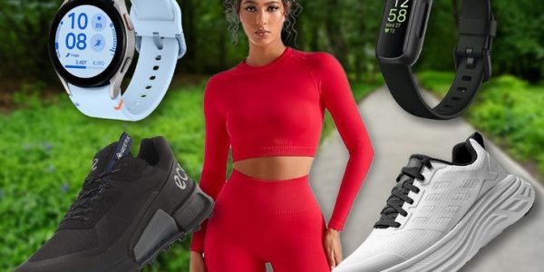 Woman In Red Yoga Clothes Surrounded By Exercise Gear