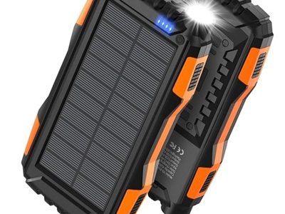 Two black-and-orange solar powered charger banks