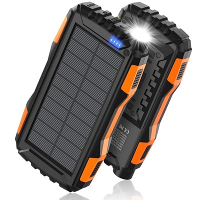 Two black-and-orange solar powered charger banks