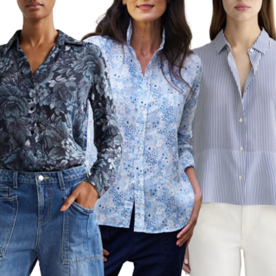 collage of 3 women wearing blue dress shirts for spring 2025