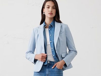 A woman wearing a denim shirt, jeans, white top, and light blue blazer