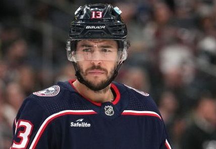 COLUMBUS, OHIO - APRIL 01: Johnny Gaudreau #13 of the Columbus Blue Jackets takes a break during a stoppage in play against the Colorado Avalanche at Nationwide Arena on April 01, 2024 in Columbus, Ohio. (Photo by Jason Mowry/Getty Images)