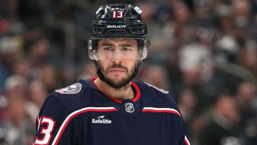 COLUMBUS, OHIO - APRIL 01: Johnny Gaudreau #13 of the Columbus Blue Jackets takes a break during a stoppage in play against the Colorado Avalanche at Nationwide Arena on April 01, 2024 in Columbus, Ohio. (Photo by Jason Mowry/Getty Images)