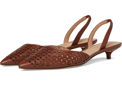 brown leather slingbacks with a kitten heel and perforations in the vamp