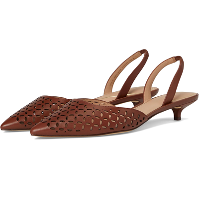 brown leather slingbacks with a kitten heel and perforations in the vamp
