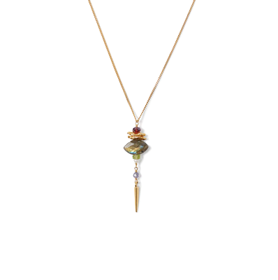 necklace of gold plated sterling silver, labradorite, garnet, peridot, iolite, freshwater pearl.
