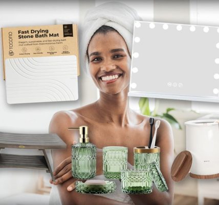 Woman Smiling With A Towel On Her Head In The Bathroom Surrounded By Bathroom Accessories From Amazon