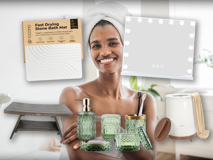 Woman Smiling With A Towel On Her Head In The Bathroom Surrounded By Bathroom Accessories From Amazon