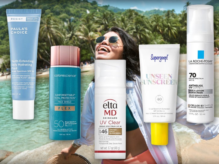 A Woman On The Beach Surrounded By Sunscreens