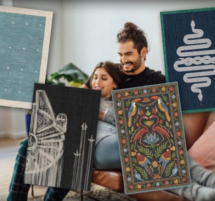 Two People In A Living Room Surrounded By Rugs Available On Amazon
