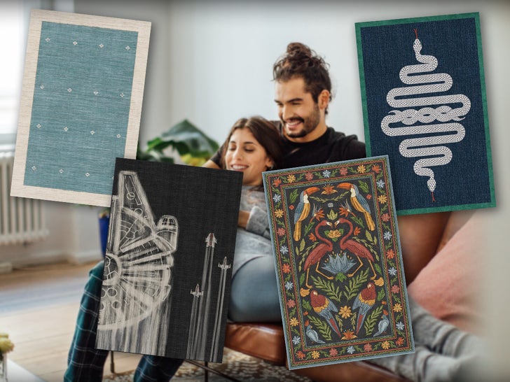 Two People In A Living Room Surrounded By Rugs Available On Amazon