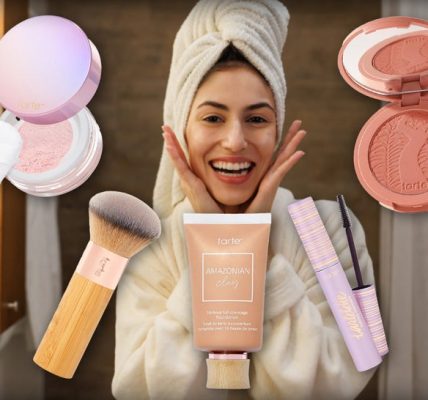 Woman In The Bathroom Surrounded By Tarte Beauty Products