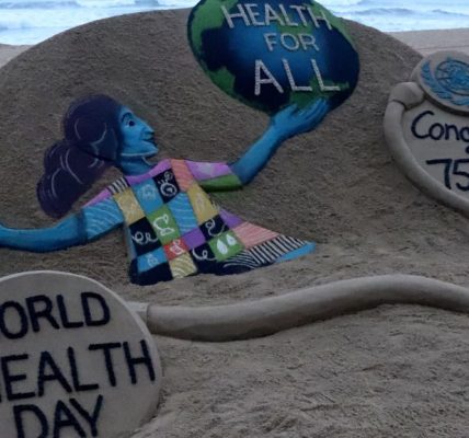 A sand sculpture is seen at the Bay of Bengal Sea's eastern coast beach at Puri for visitors awareness about the World Health Day as it is creating by Indian sand artist Sudarshan Patnaik , 65 km away from the eastern Indian state Odisha's capital city Bhubaneswa (Photo by STR/NurPhoto via Getty Images)
