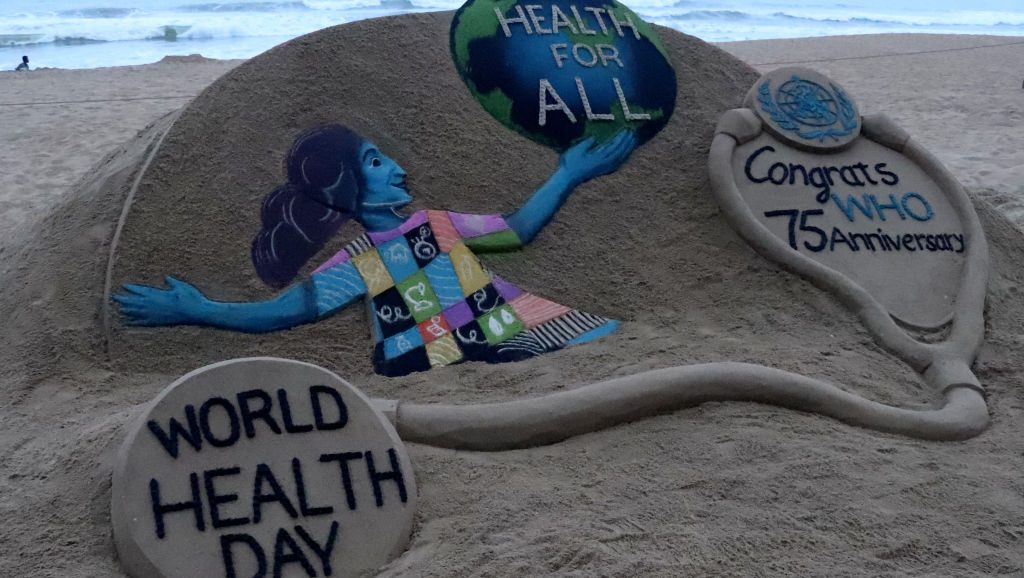 A sand sculpture is seen at the Bay of Bengal Sea's eastern coast beach at Puri for visitors awareness about the World Health Day as it is creating by Indian sand artist Sudarshan Patnaik , 65 km away from the eastern Indian state Odisha's capital city Bhubaneswa (Photo by STR/NurPhoto via Getty Images)