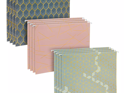 decorative hanging file folders with three patterns: gold and blue, pink and gold, and minty green and gold
