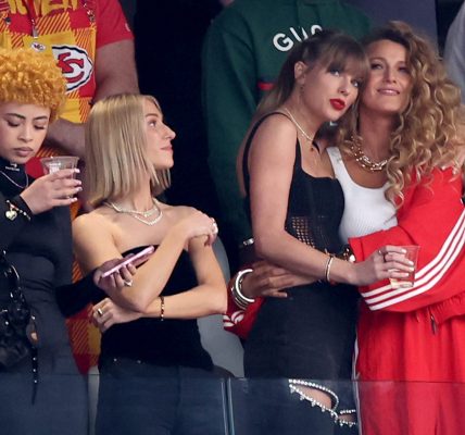 Rapper Ice Spice, singer Taylor Swift and actress Blake Lively prior to Super Bowl LVIII between the San Francisco 49ers and Kansas City Chiefs at Allegiant Stadium on February 11, 2024 in Las Vegas, Nevada.