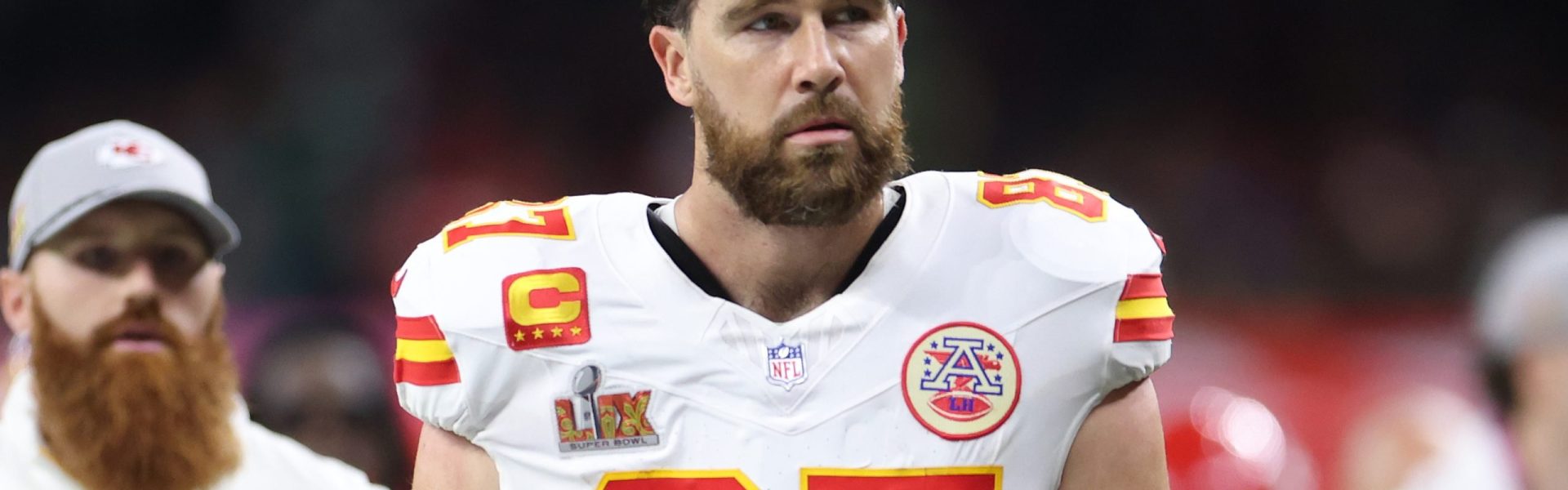Travis Kelce #87 of the Kansas City Chiefs walks off the field at half time against the Philadelphia Eagles during Super Bowl LIX at Caesars Superdome on February 09, 2025 in New Orleans, Louisiana.