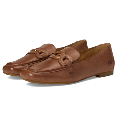 tan loafers with large buckle detail