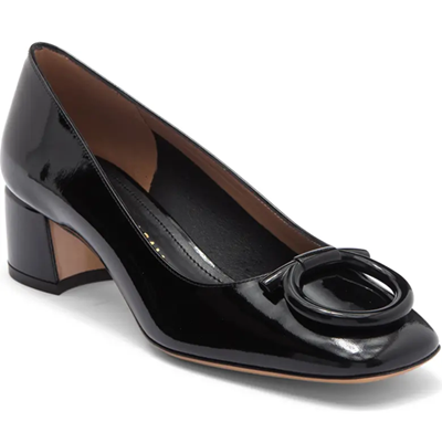 black patent block heel with ring detail vamp
