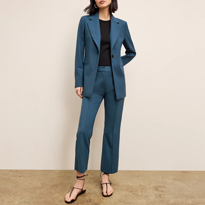 woman wears blue suit in washable wool twill