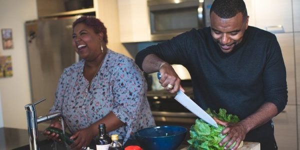 Plus Size Couple Cooking- Michael Poley of Poley Creative for AllGo plus-size-friendly dating apps love languages