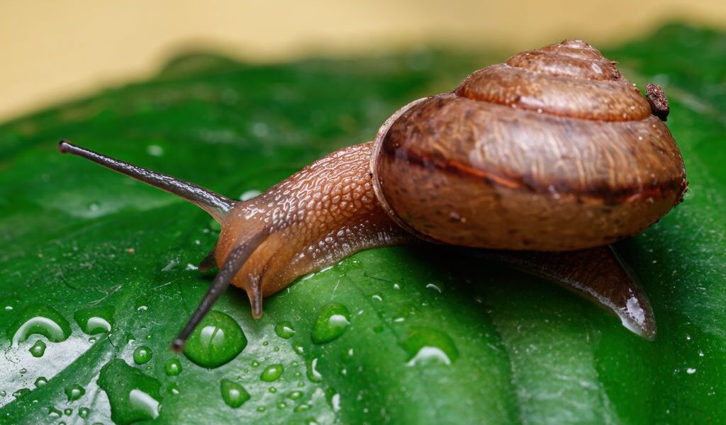 Detailed macro shot of a garden snail crawling on a green leaf with water droplets.