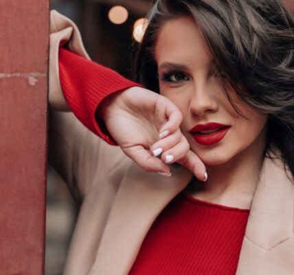 Camel jacket and red outfit
