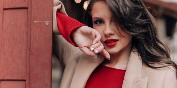 Camel jacket and red outfit