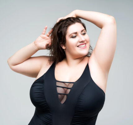 Sexy plus size fashion model in black one piece swimsuit