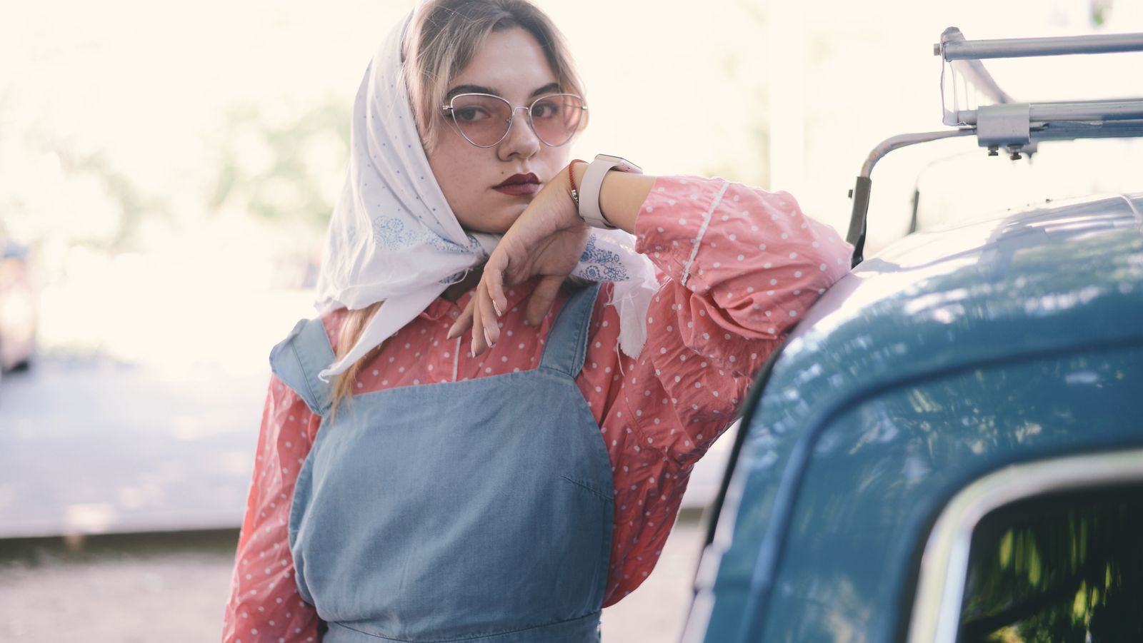 Denim overall scarf shirt