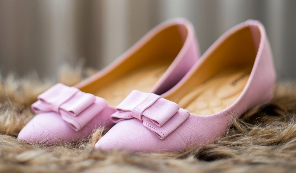 Elegant pink leather flats with bow detail on furry background, perfect for a chic footwear collection.