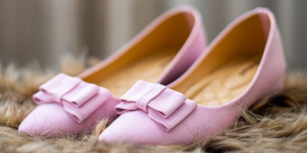 Elegant pink leather flats with bow detail on furry background, perfect for a chic footwear collection.